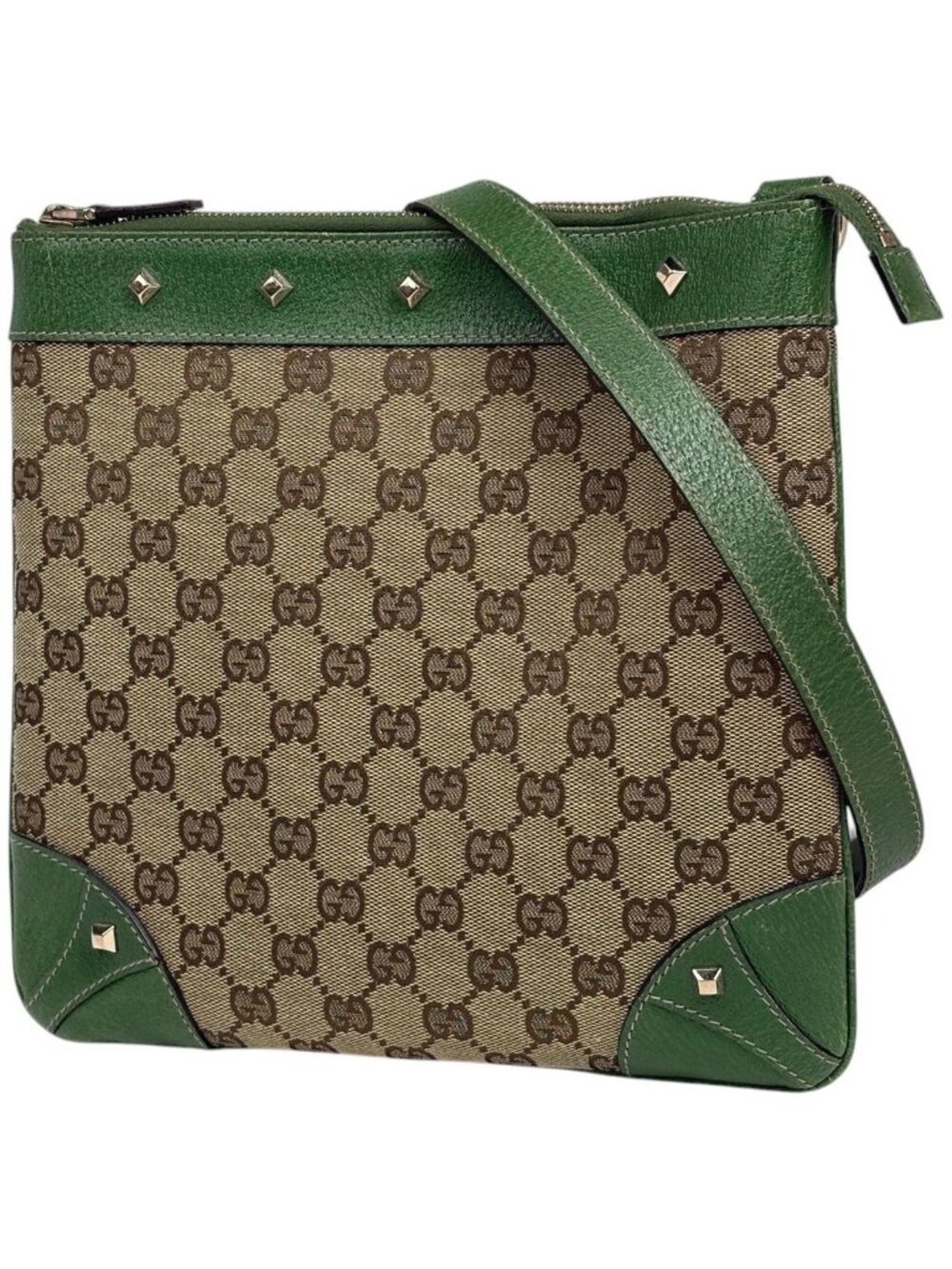 Gucci GG Pattern Shoulder Bag Studs Canvas Beige Green